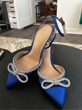 Kelly & Katie Royal Blue Satin Pointed Slingback Heels with Crystal Bow